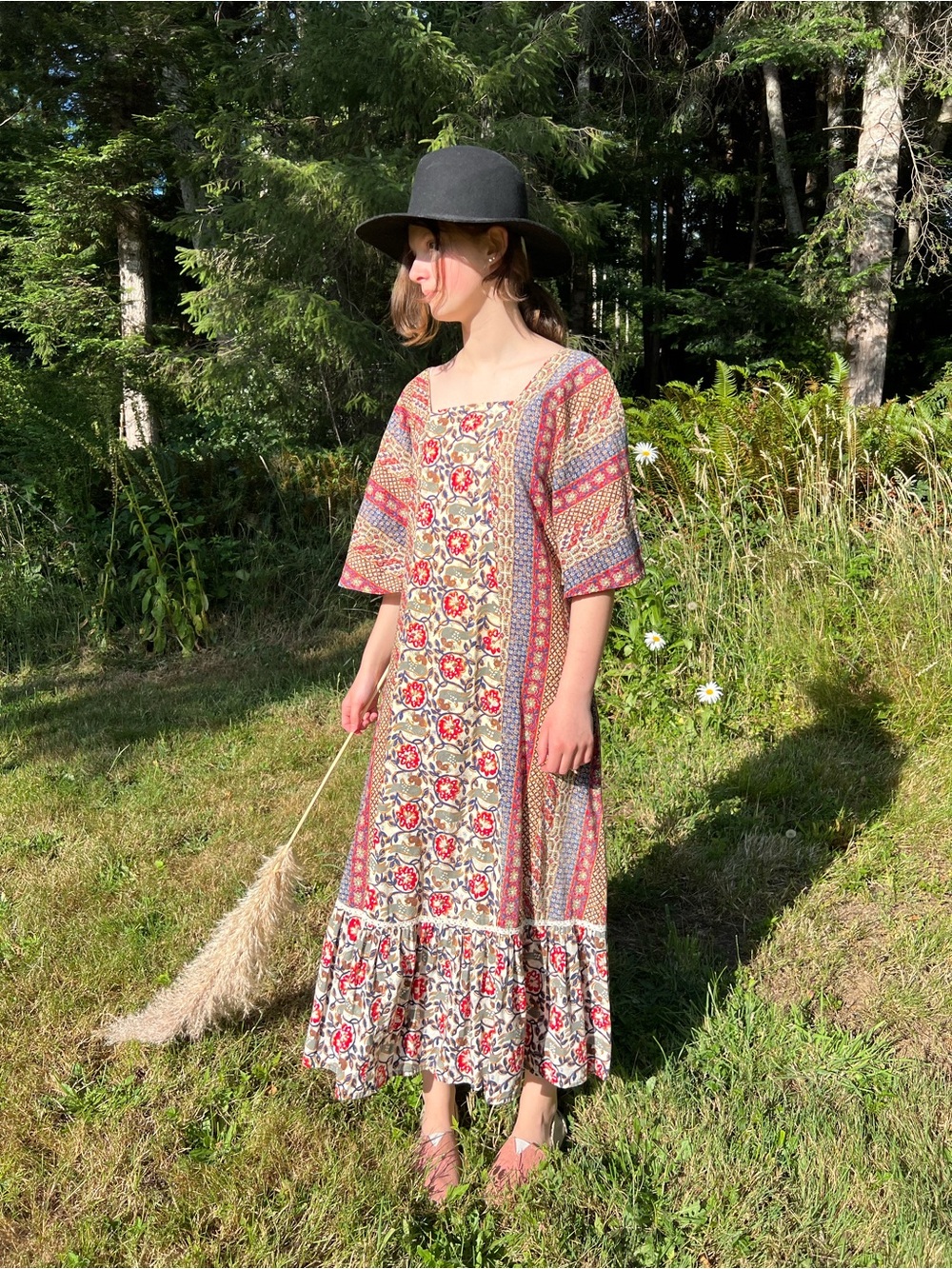 Boho Kaftan Floral Patchwork Maxi Dress Hippie MuuMuu Caftan Two Potato - Picture 15 of 16